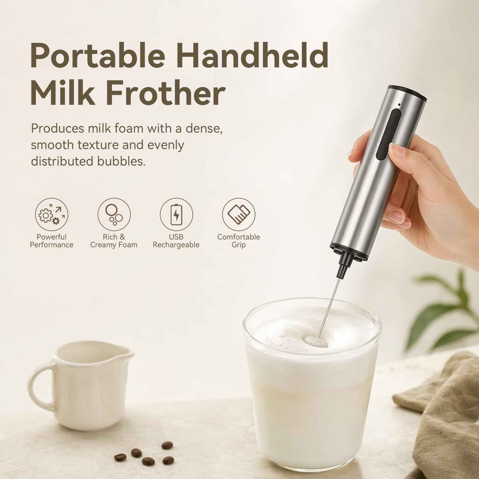 Melkopschuimer Elektrisch USB,Hand Melkopschuimer met 3 Snelheden en 5 RVS Opzetstukken,Elektrische Garde voor Cappuccino,Latte Macchiato,Matcha,Eieren,Slagroom en Eiwitshakes