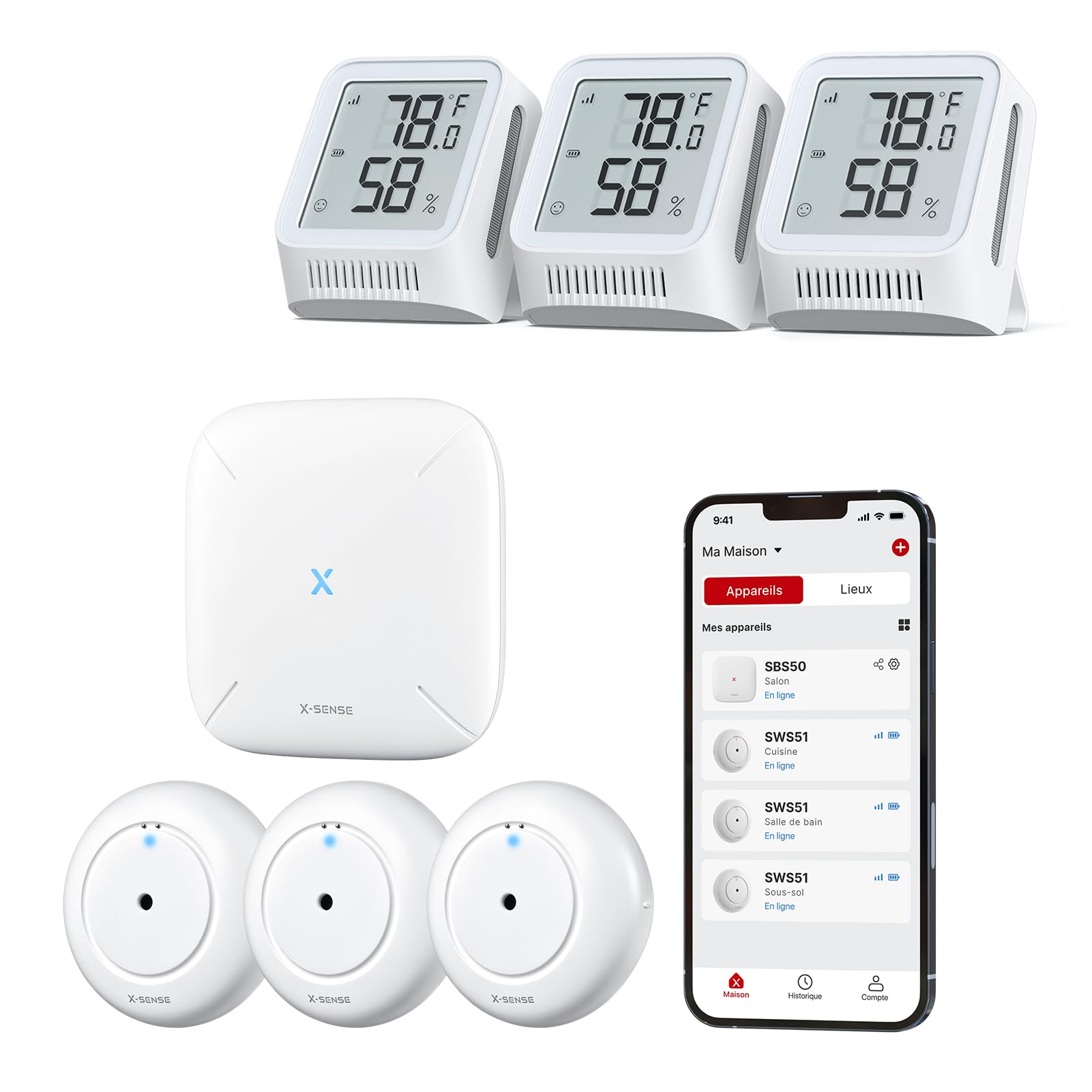 X-Sense Détecteur de Fuite d’Eau Wi-FI avec Station de Base SBS50 SWS54 et Thermomètre-Hygromètre Wi-FI STH0A, Lot de 3