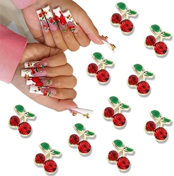 3D Alloy Cherry Nail Charm, Exquisite Cute Red Nail Charms Rhinestones for Acrylic Nails Art Decor Jewelry Making Crafts DIY Manicure Women 10pcs