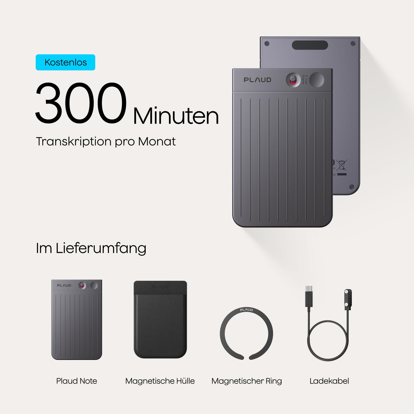Plaud Note KI Digitales Diktiergerät mit Hülle - 64 GB Aufnahmegerät mit KI-Technologie zum Transkribieren und Zusammenfassen, Profis & Teams One-Touch-Aufnahme (Schwarze Note mit schwarzer Hülle)