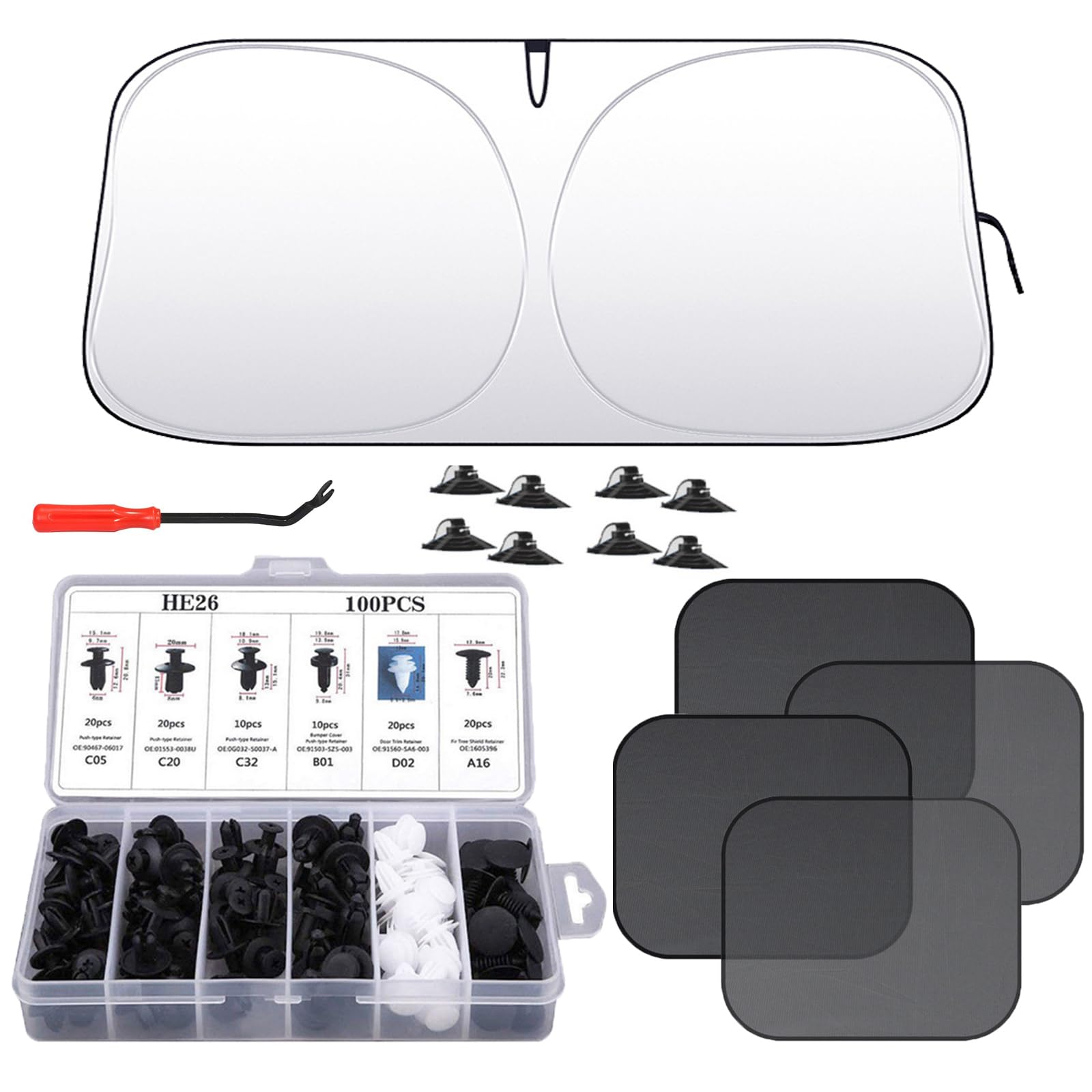 Moninsta 5 Pcs Foldable Car Windshield Sunshade & 100 Pcs Plastic Car Clips with Removal Tool, Automotive Sun Heat Protection and Bumper Clips, Auto Accessories for All Small Car