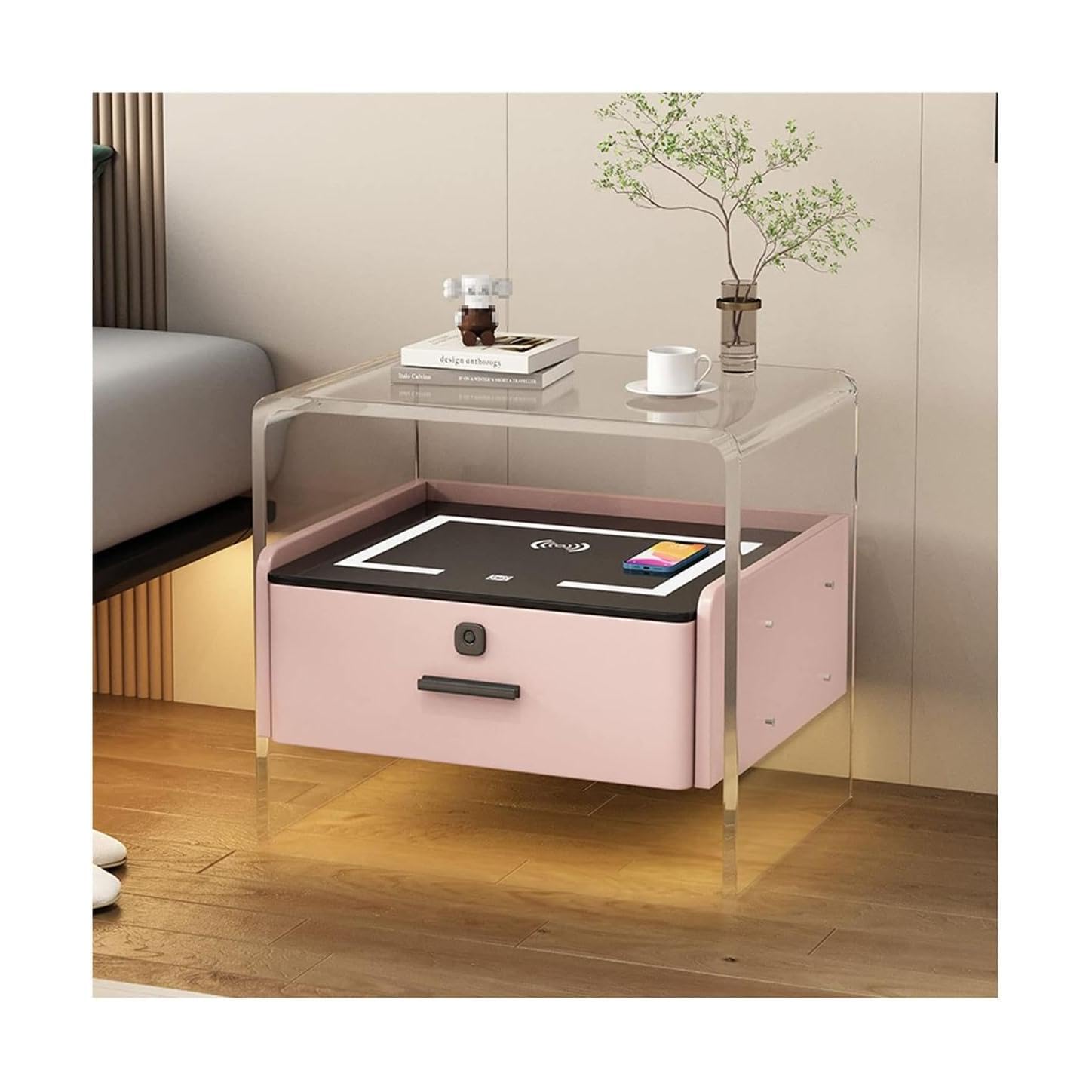 BHGFYXBS Smart Nightstand Acrylic End Table Wireless Charging Bedside Table Led Fingerprint Lock Drawer Leather Bedside Cabinet,Pink,Pink,Pink