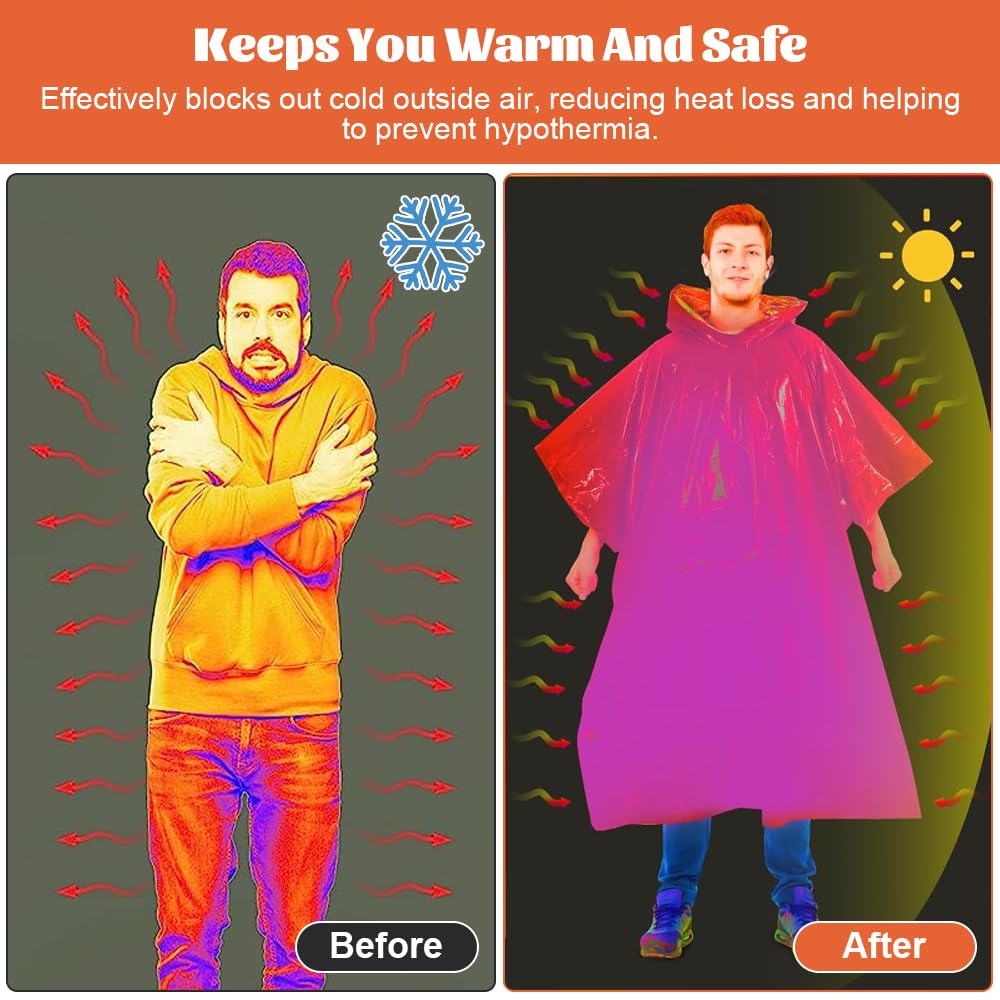 BUZIFU 2-in-1 Notfall Poncho Set - Thermo Regenponcho Mit Signalpfeife Orange/Grün