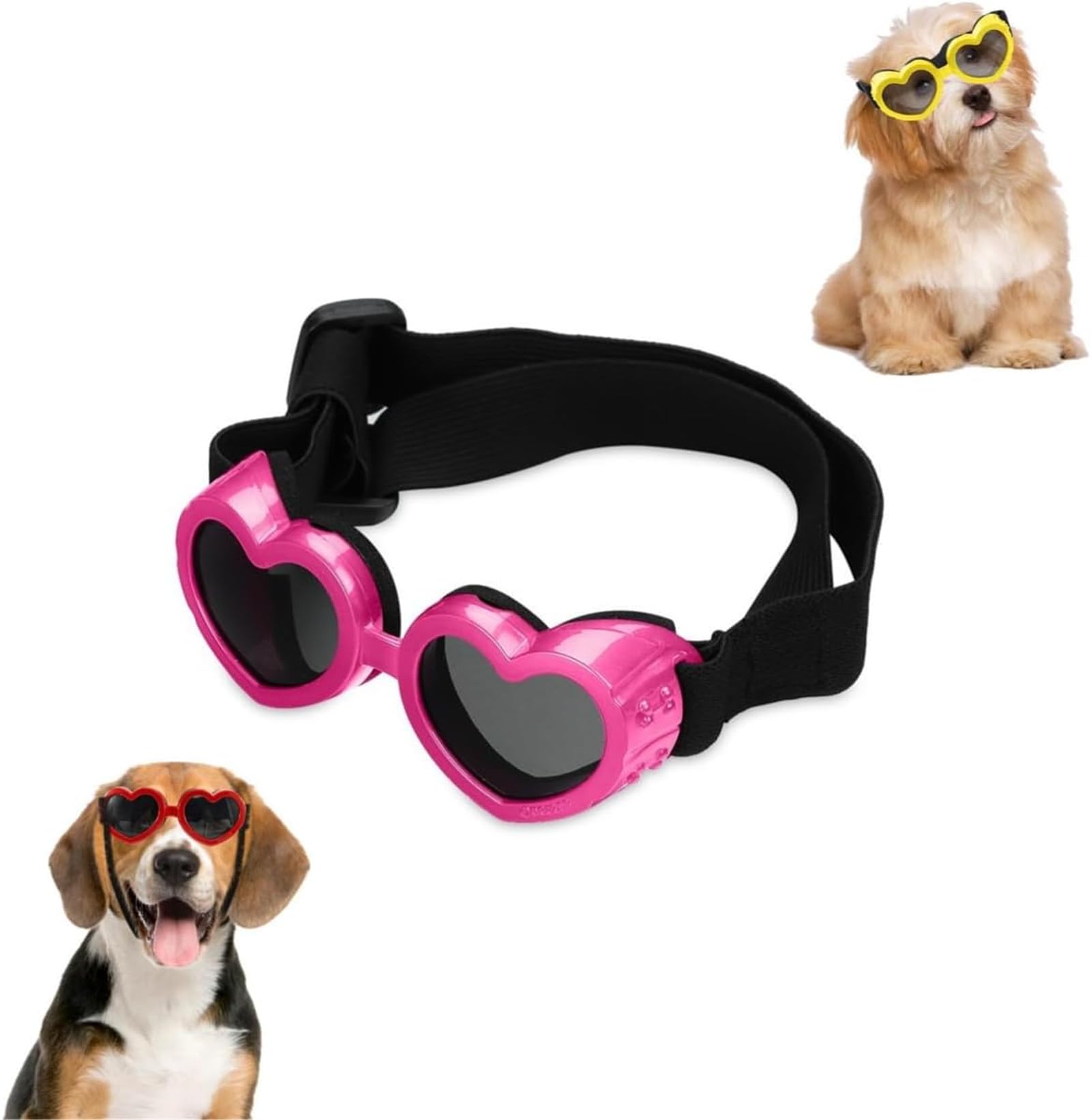 Qoobom Dog Heart Shaped Sunglasses, Wind-Resistant, UV Protection, Small Dog Sunglasses, Pink, 18-29.5cm (head), 13-22cm (lower jaw)