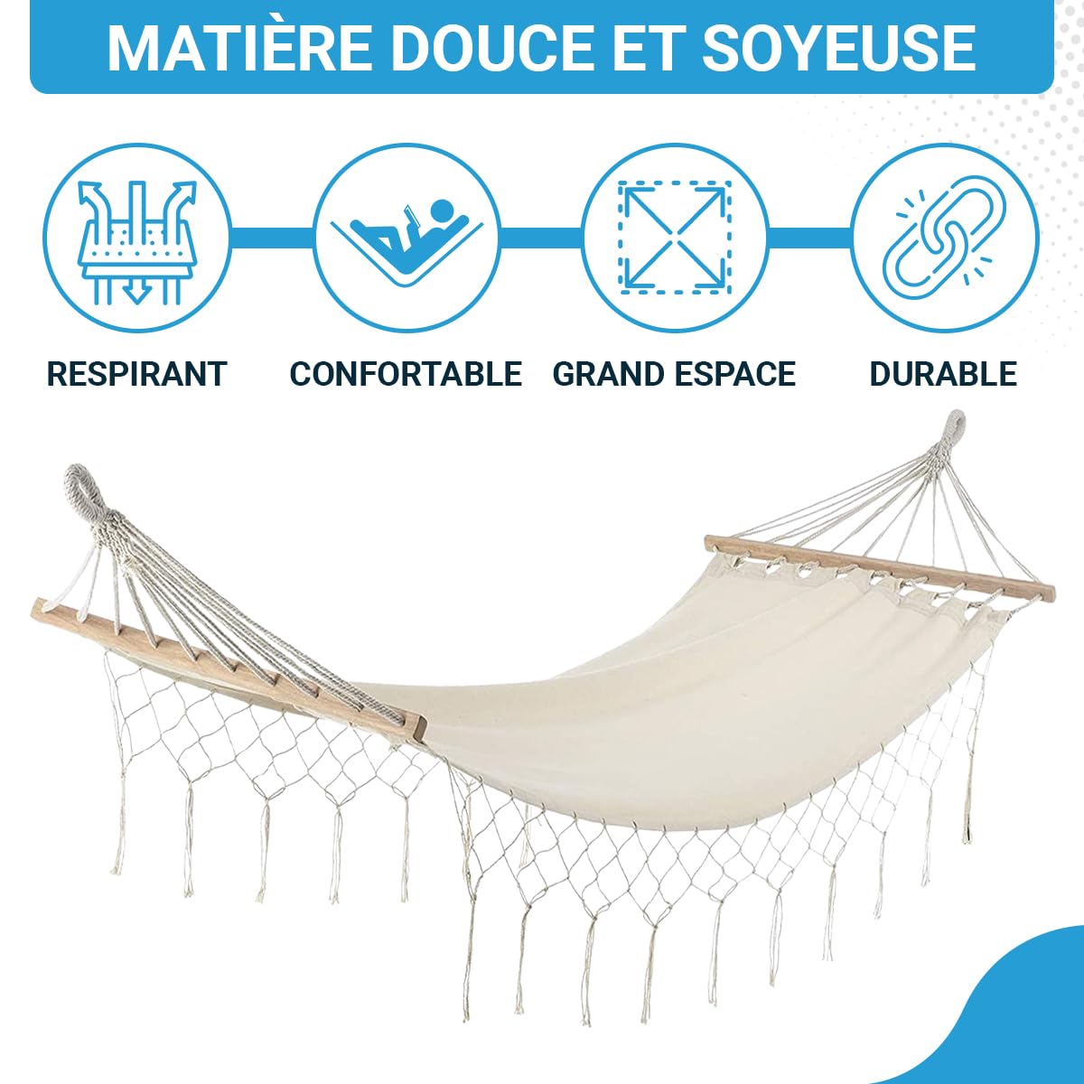 Fleau Goods Hamac de Luxe avec Barre d'écartement - Frange Gracieuse - 100% Coton - Confortable - Matériel de Suspension et Sac de Transport Inclus - 100 x 200 cm