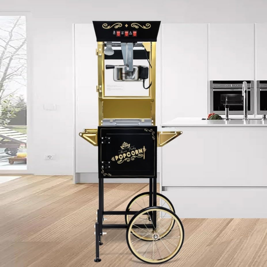 Image of 12oz Popcorn Machine Cart, Popcorn Cart with Wheels, Vintage Popcorn Machine with Stainless Steel Kettle, Movie Theater Style Popcorn Machine for Party, Black
