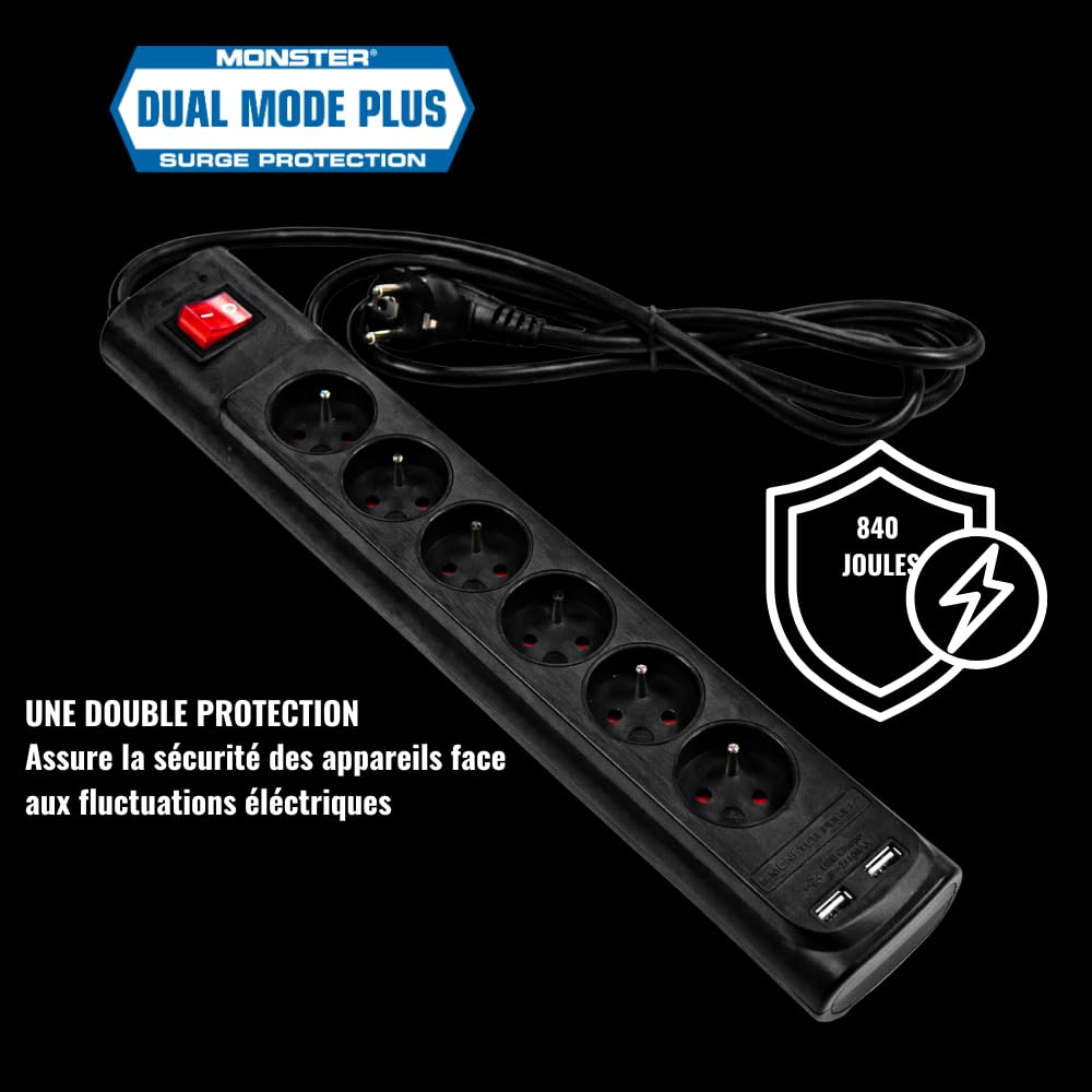Monster POWER PARAFOUDRE PARASURTENSEUR 6 AC/2 USB-A FR