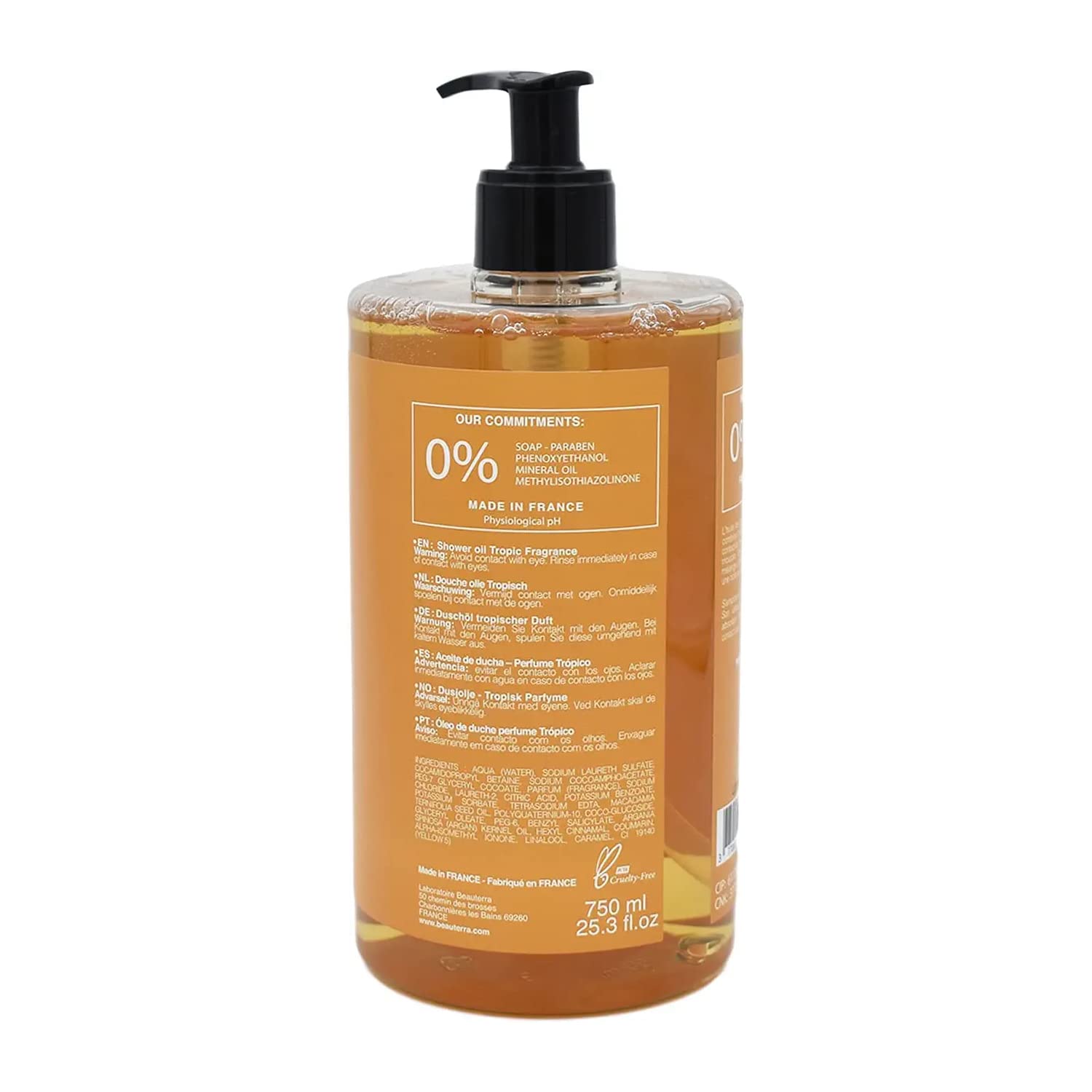 BeauTerra - Huile de Douche, 750 ml - Tropical - Sans Savon - à l'Huile d'Argan et Macadamia Bio - Hydrate et Rajeunit - Fabriqué en France (Lot de 2)
