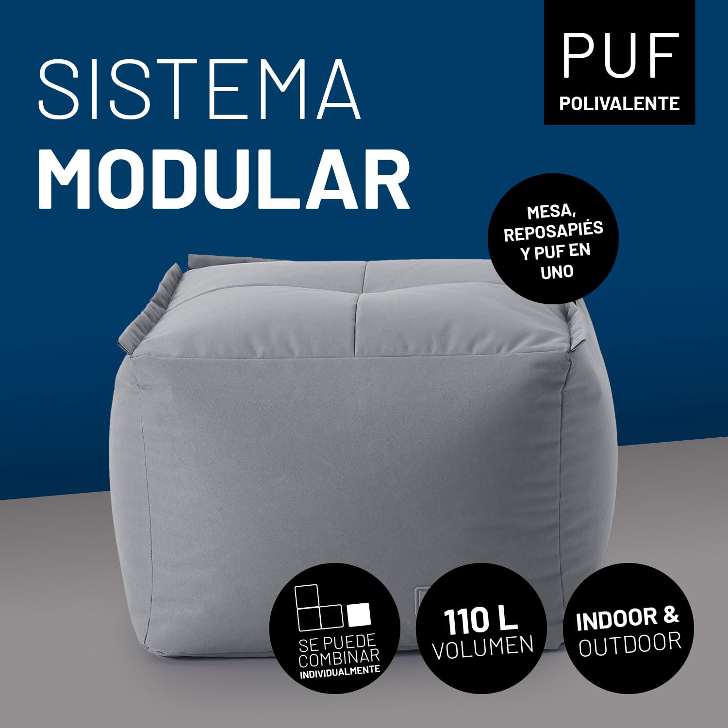Lumaland Beanbag Lounge Modular | Puf Impermeable | Taburete Ligero y Expandible Individualmente | Juego de Salón para Interior y Exterior | Asiento Lavable para Jardín | 54x54x54 cm [Gris]
