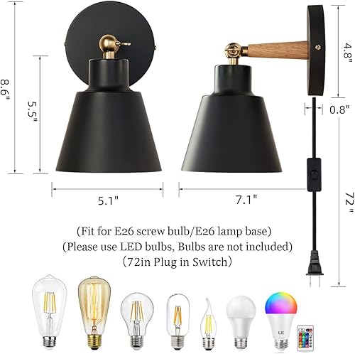 Miniatura 2 de Apliques de pared enchufables, lámpara de pared de cabecera de madera nórdica negra para dormitorio industrial, iluminación de lavabo de baño para