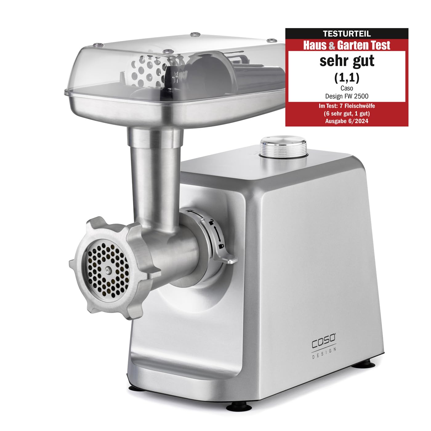 CASO FW 2500 – Hachoir à viande électrique professionnel, 2 500 W, fonction marche avant et arrière, 2,5kg/min, accessoire à saucisses, 3 grilles en inox (3, 5 et 8 mm), corps en aluminium, argent