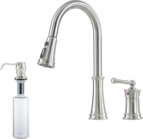 Miniatura 10 de Grifo de fregadero de cocina de 3 agujeros con rociador extraíble, grifo de cocina extraíble dorado cepillado con mango lateral único con