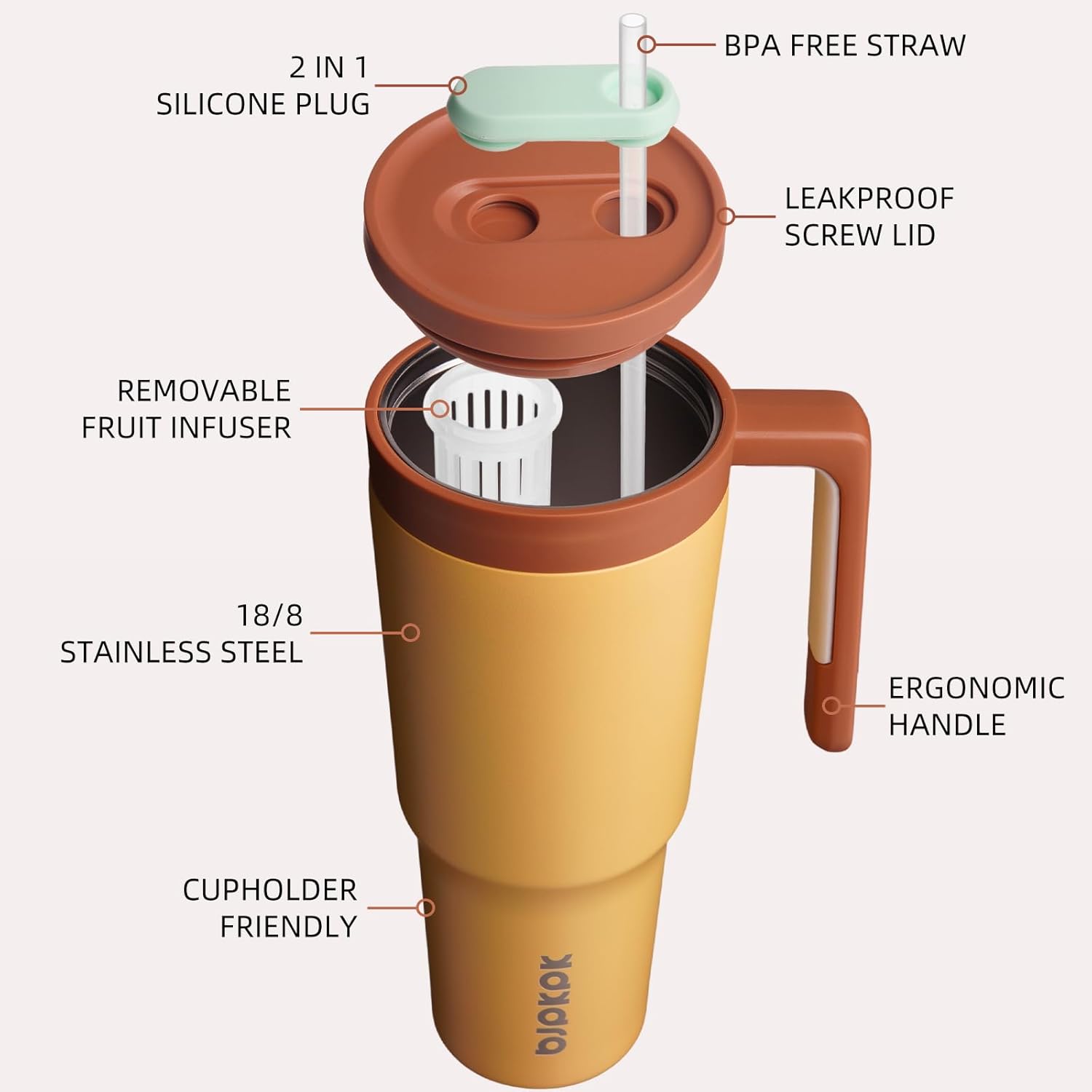 BJPKPK 40oz Tumbler With Handle And Fruit Infuser Insulated Tumblers With Lid And Straw Stainless Steel Travel Coffee Thermal Cup,Yellow - Image 2
