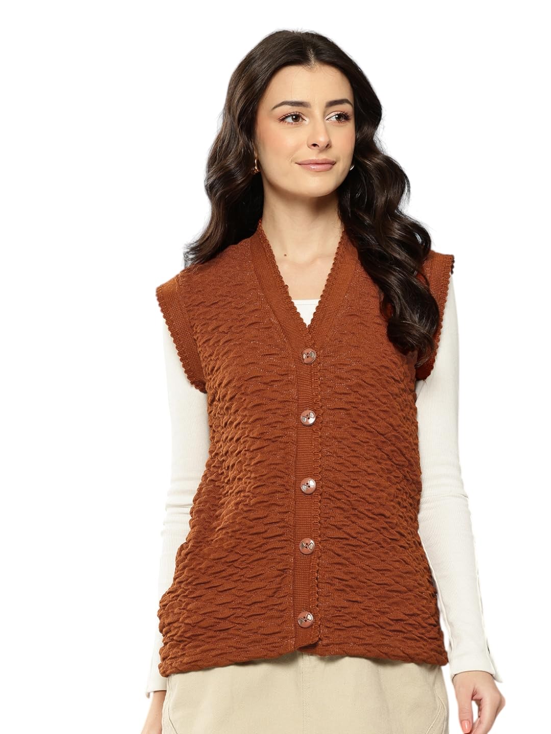 Aarika Womens Winter Wear Brown Colour Solid Woolen Cardigan Aarika Womens Winter Wear Brown Colour Solid Woolen Cardigan