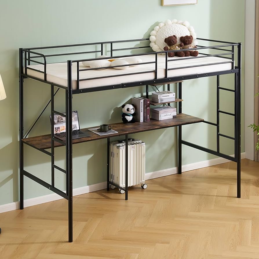 ロフトベッド パイプベッド シングル デスク付き スチール 耐震 パイプ