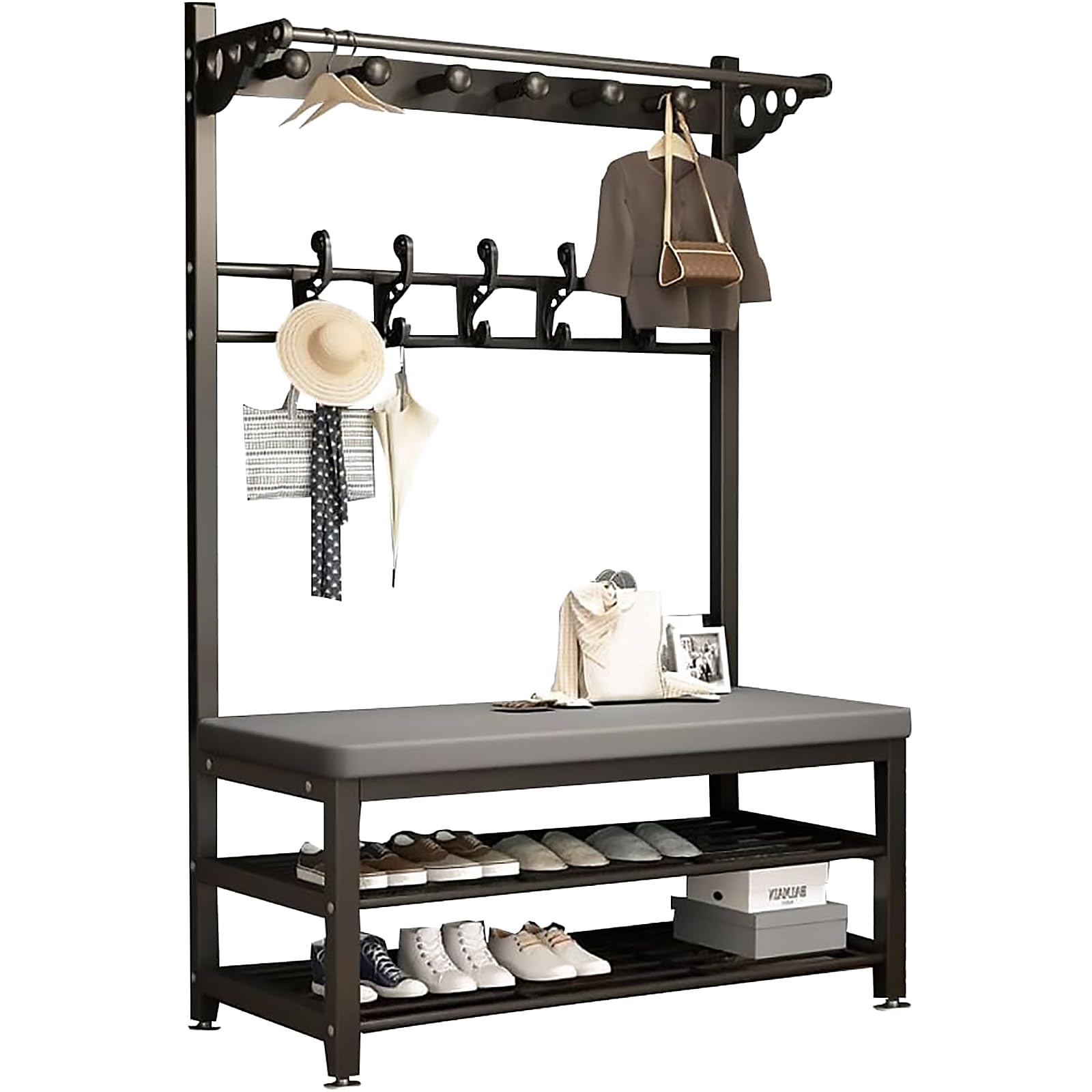 MYUYEE Coat Rack Hall Tree With Shoe Bench For Entryway, Metal Coat Stand With Hooks Clothes Hat Rack Shelf Metal Frame For Bedroom Living Room Hallway(Black-24In)