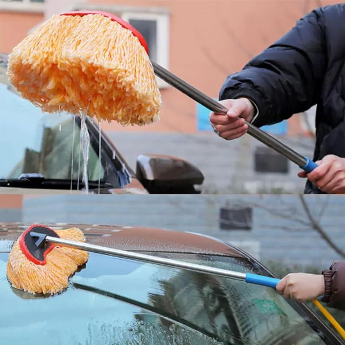 Szczotka do mycia samochodu z przyłączem wody, w zestawie przewód wodny 10 m, długi uchwyt, wielofunkcyjny, obrotowy, mop do mycia samochodu, kampera, kampera (pomarańczowa)