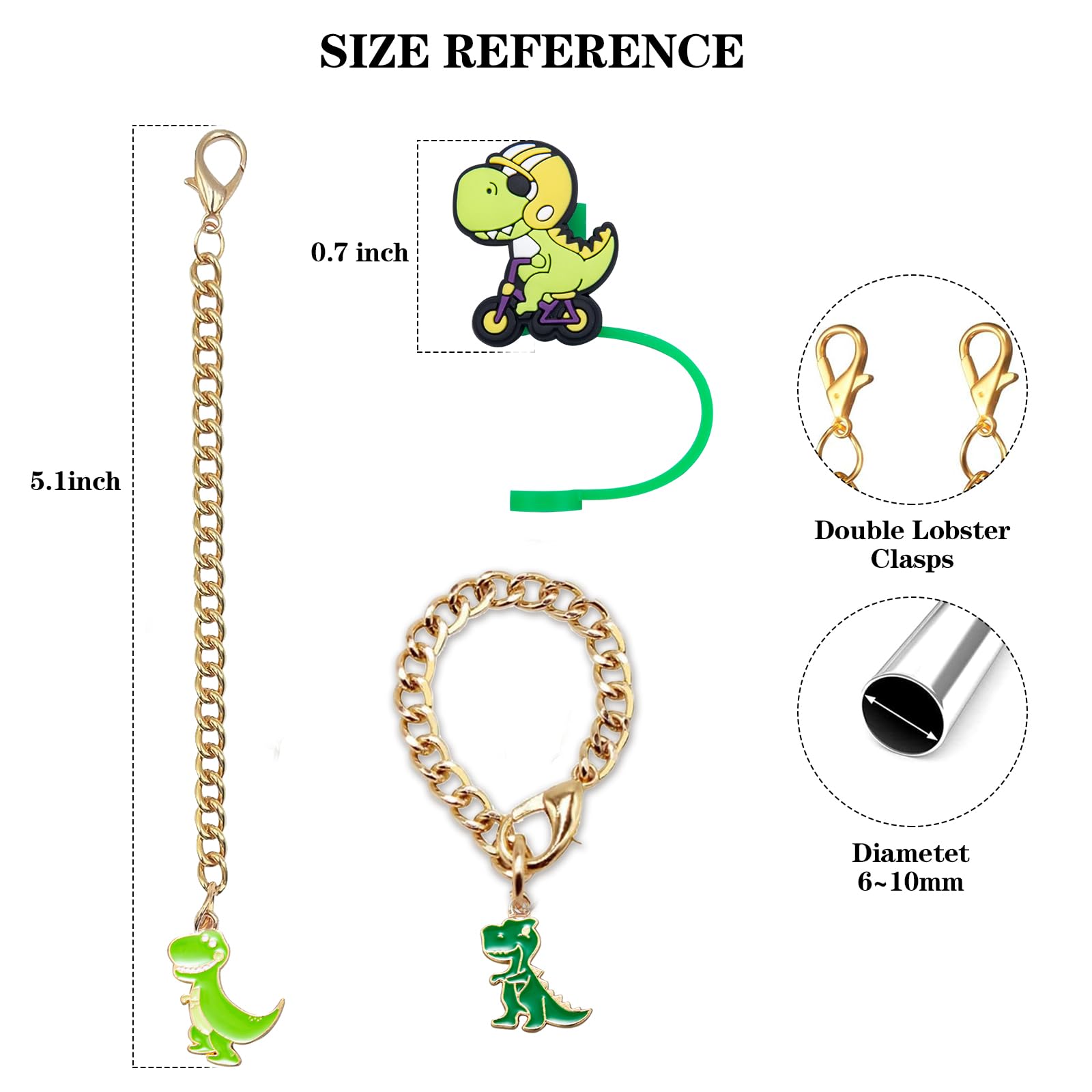 Dinosaur Straw Cover Cap, Compatible with Stanley Cup Accessories, Dinosaur Straw Topper 8mm for Stanley Cups (3 Caps + 3 Chains)