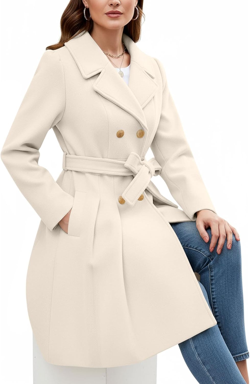 Women's Double Breasted Trench Coat Notch Lapel Double Breasted Thick A Line Pea Coats Work Outwear with Pockets