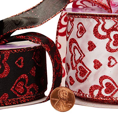Image of Valentine's Day Hearts Wired Ribbon - 2 1 /2 inch x 10 Yards, Metallic Red Glitter Hearts on White Ribbon, Decor, Gift Wrap, Hair Bow, I Love You, Bows
