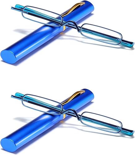 2 pares Slim Mini Metal Lectura Gafas Compacto Ligero Portátil Lectores con Gafas Caso para Lectura Caso +1.0 (azul)