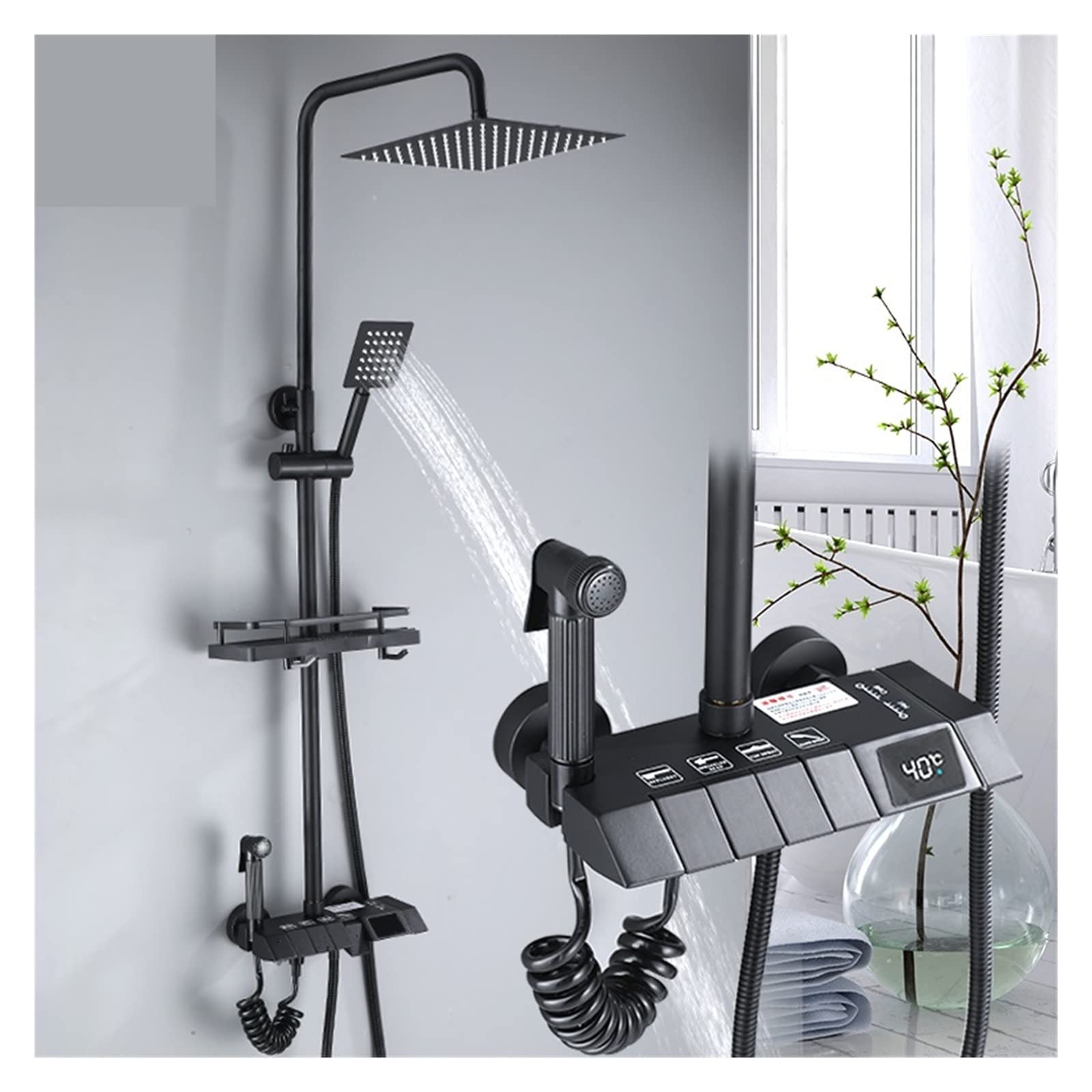 SWENEEN Handheld Showershower System Shower Faucet Bathroom Rain Shower Faucet Set With Digital Display,Rain Shower Column,Bidet Faucet 25°C/30Cm Watering Can,Shower Sets,Gray-10inch-1