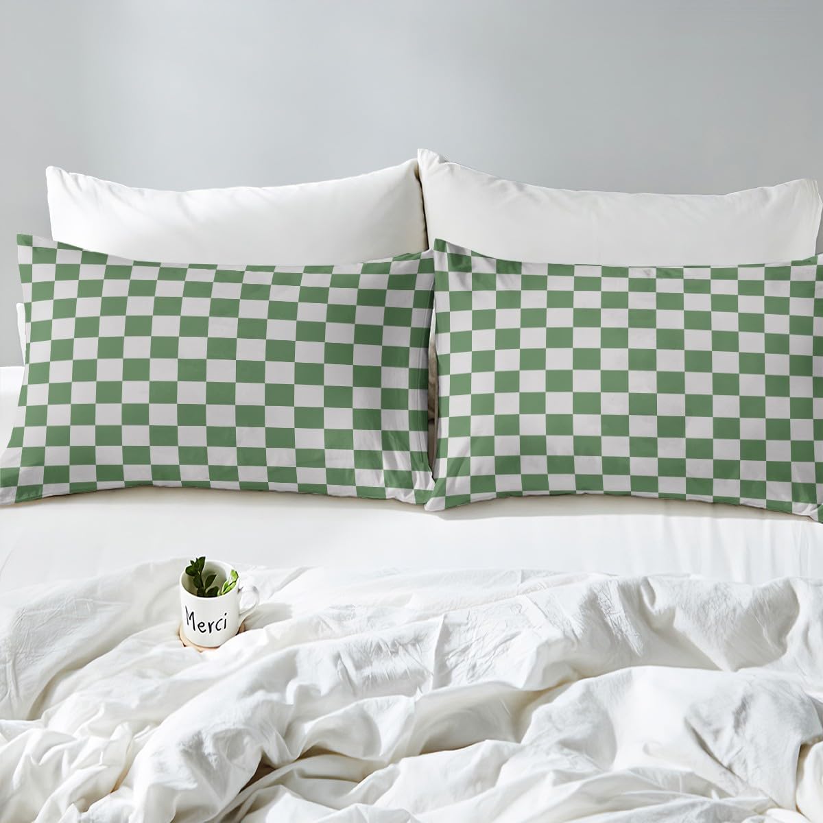 Manfei Dark Green Grid Duvet Cover Set Queen Size, Reversible Geometric Plaid Square Bedding Set 3pcs, Kids Boys Girls Room Decor, Soft Lattice Checkerd Quilt Cover, 2 Pillowcases, No Comforter