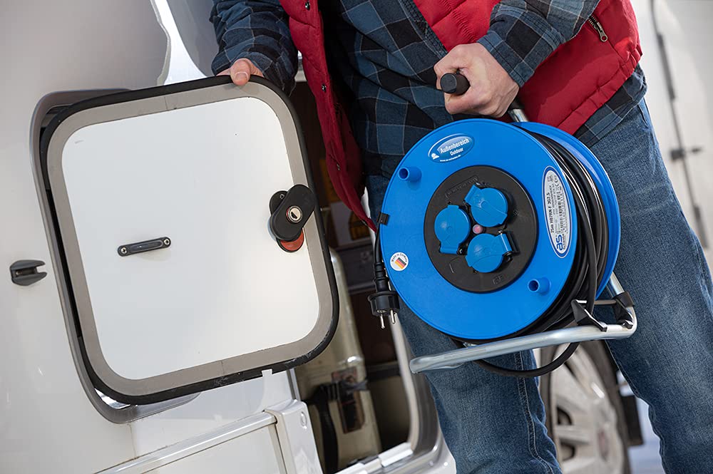 as - Schwabe Tambor de cable de 25 m, con 3 latas de protección de contacto y enchufe de protección de contacto, 230 V/16 A, para camping, exterior, IP44, azul, fabricado en Alemania, 10231