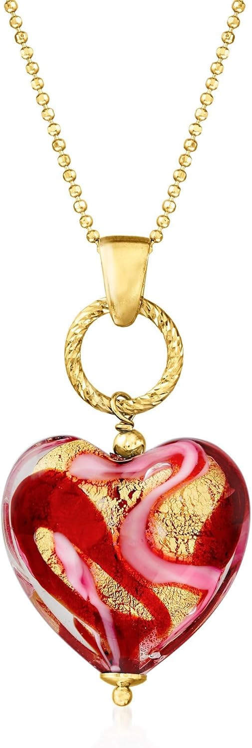 Ross-Simons Italian Red and Pink Murano Glass Heart Necklace in 18kt Gold Over Sterling