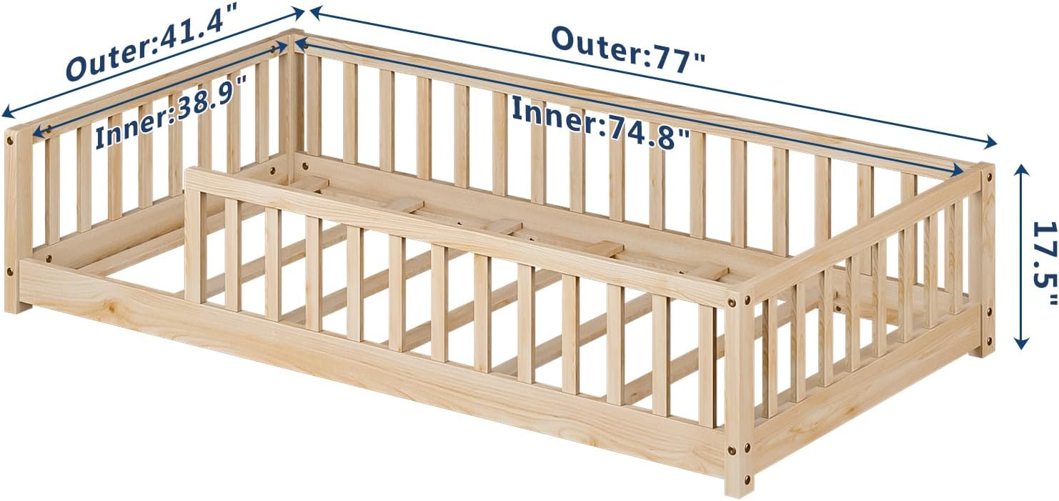 Twin Montessori Floor Bed with Rails, Solid Wood Floor Bed Frame for Kids, Montessori Bed with Slats, No Box Spring Needed, Natural