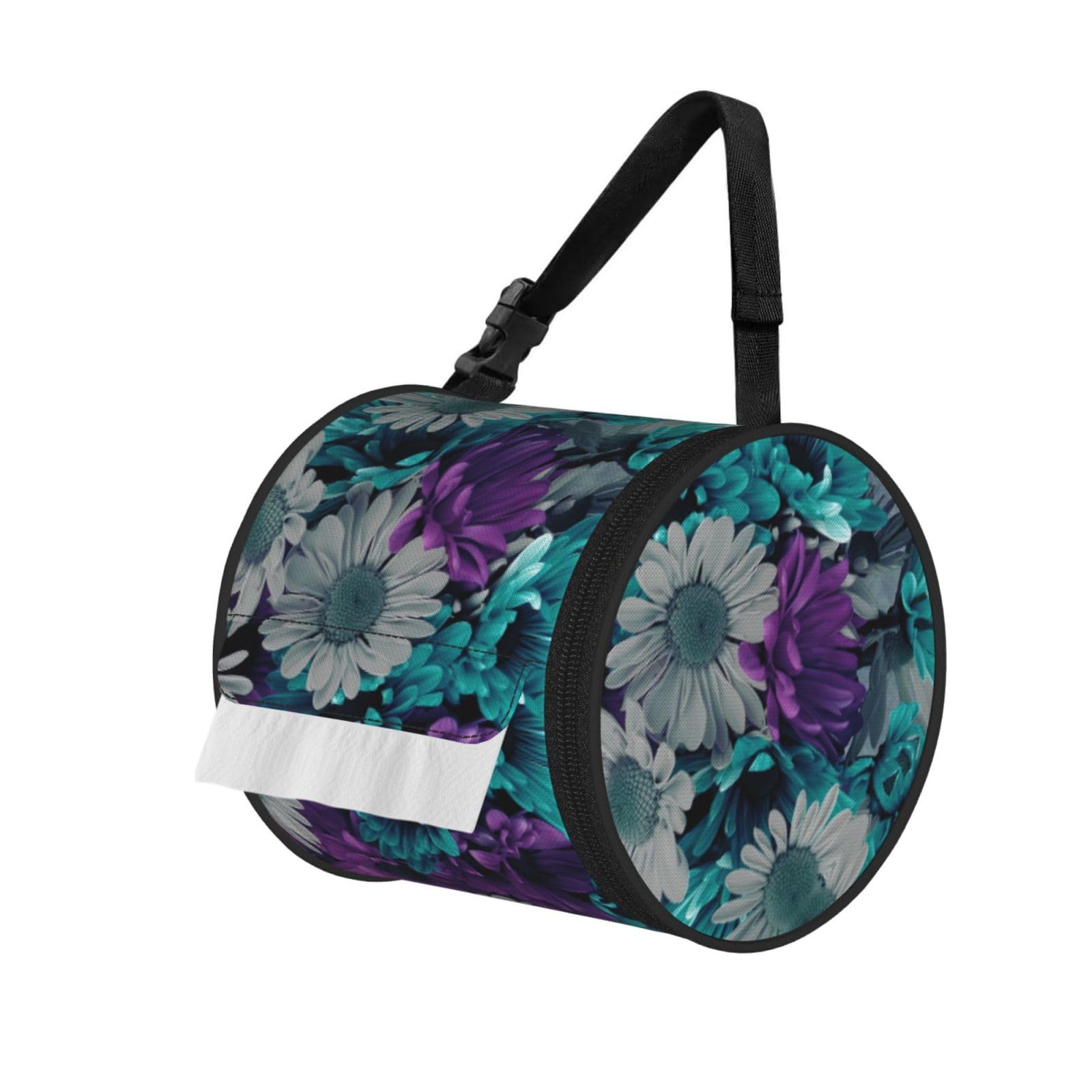 Purple And Teal Flowers Print Round Paper Tissue Holder With Shoulder Strap, Portable Roll Case For Caravan Travel Use