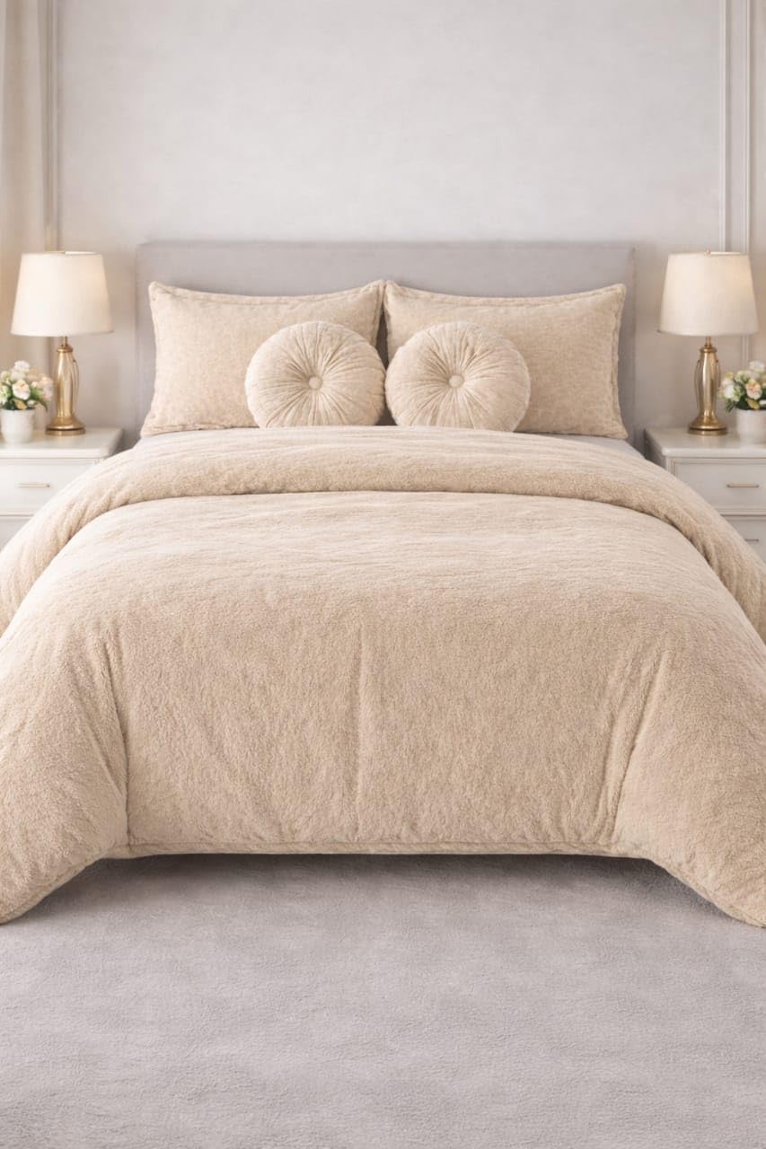 Relax® 6 Piece Bedding Set for King Size Bed, Cotton, Multicolor, Solid Pattern, 1 Duvet Cover, 1 Bedsheet, 2 Pillow Covers, 2 Round Cushions (Beige)-image-49