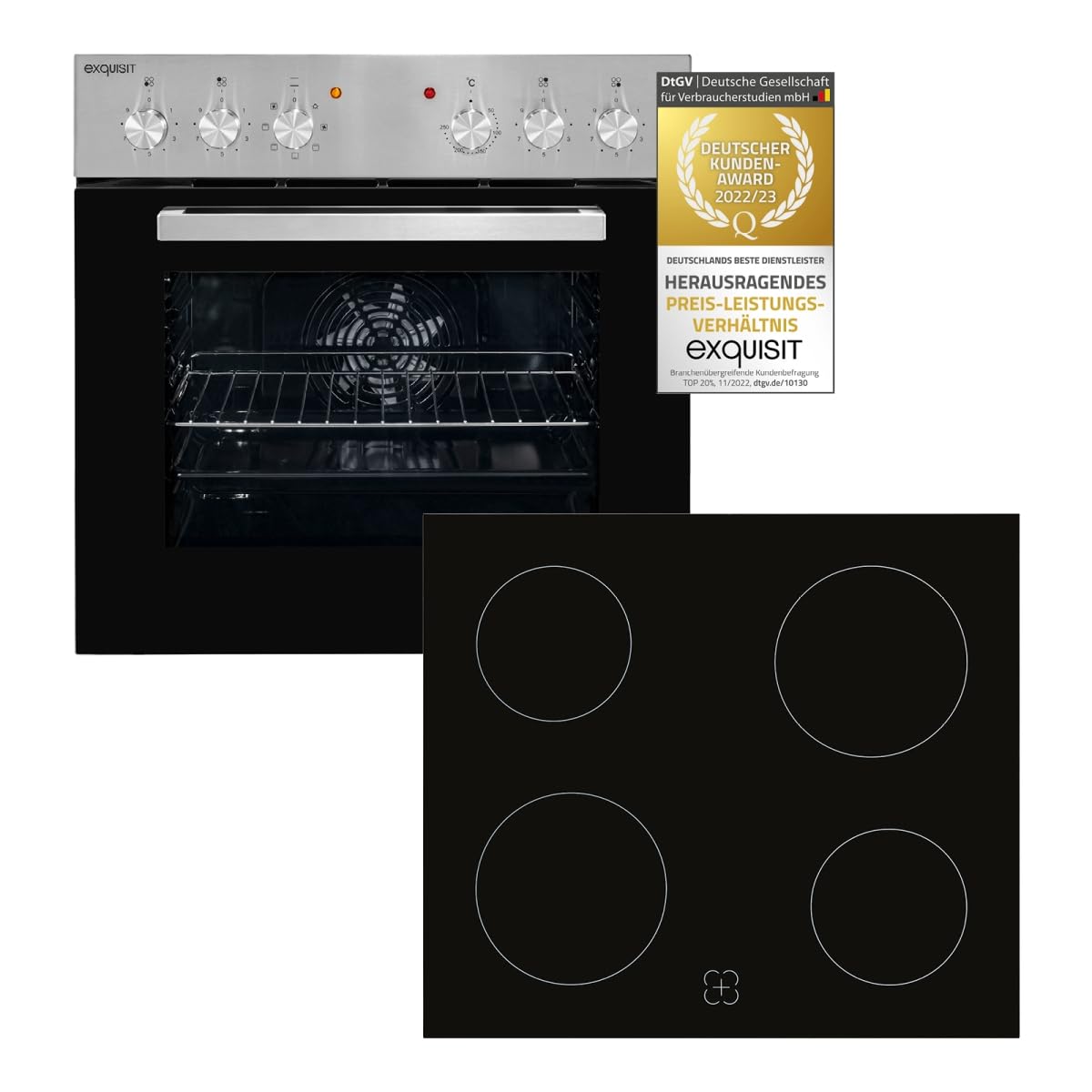 Exquisit Einbauherd-Set EHE10156-U-020 60 cm Inox Glaskeramikkochfeld Umluft Grill 59 l Energieeffizienzklasse A