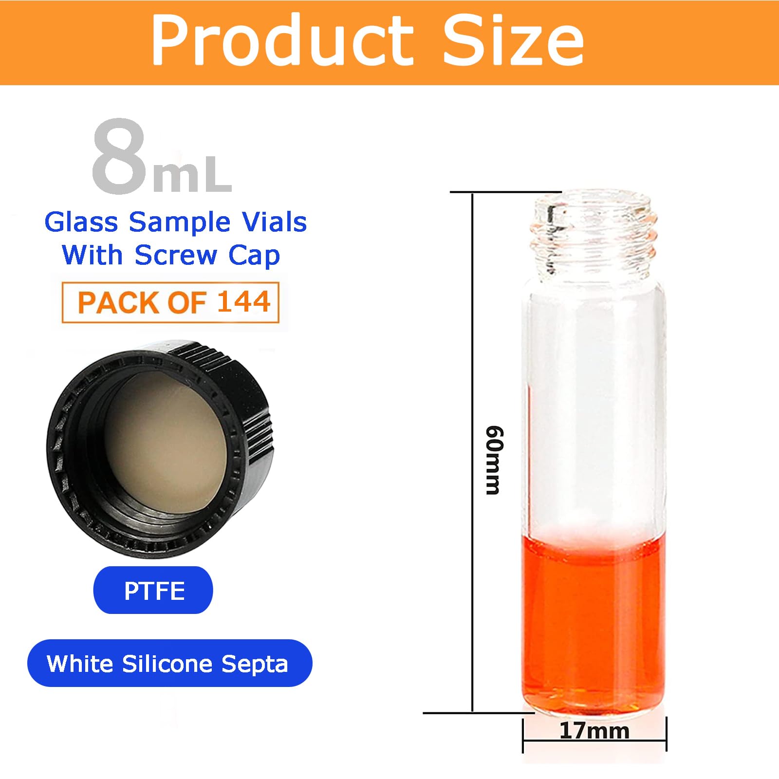144 Pezzi 8ml Flaconi Campioni Vetro Trasparente Bottiglie di Vetro di Campionamento con Tappo a Vite, PTFE Naturale/Fodera in Silicone Bianco Contenitori di Campione 17x60mm