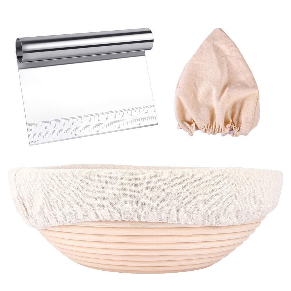 PROKITCHENPROKITCHEN Bread Proofing Basket, 25cm Round Banneton Proofing Basket Set with washable Cloth Liner and Bench Scraper For homemade Crusty Fresh