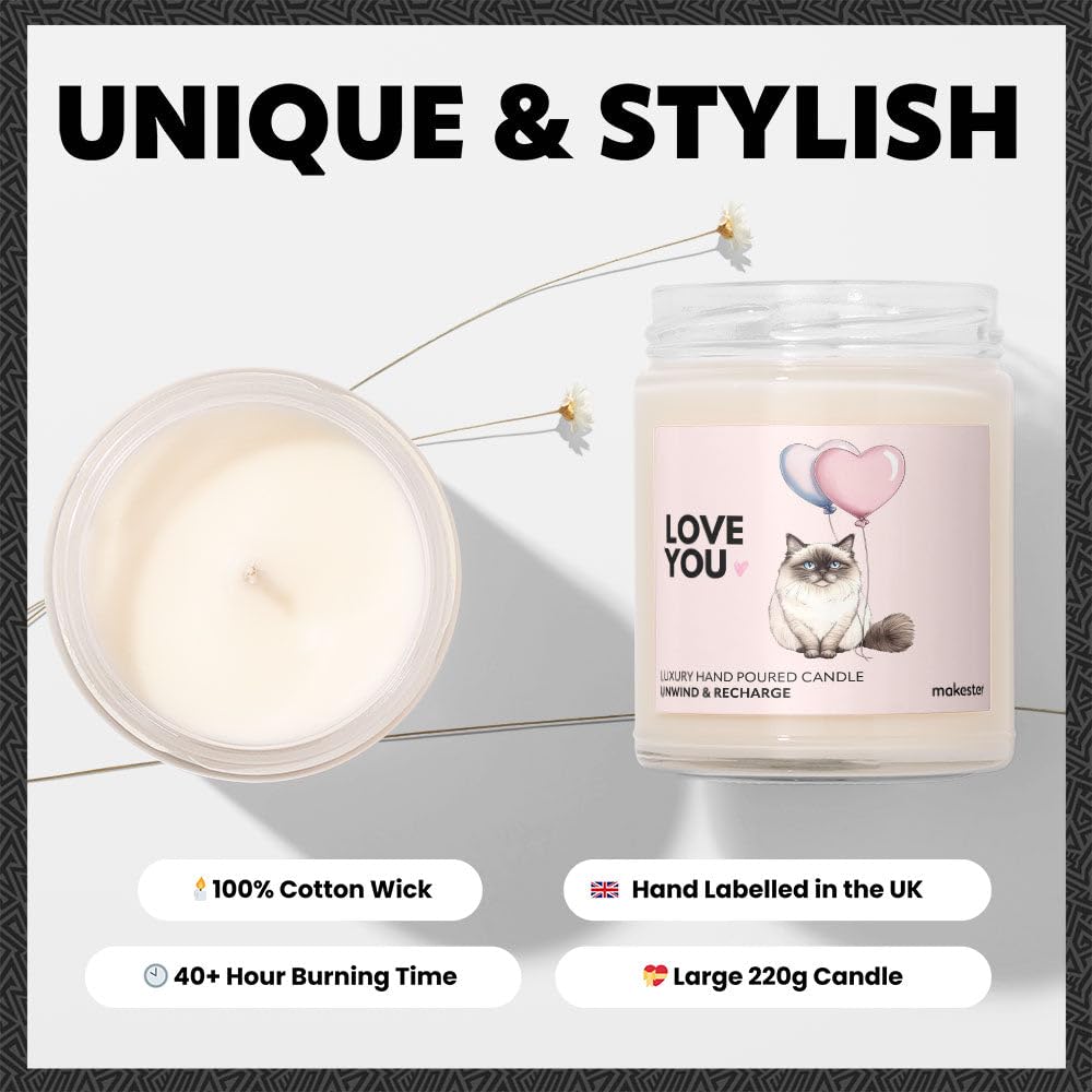 Ragdoll Cat Gifts - Luxury Soy Wax Candle - Vanilla, Jasmine, Sugared Almond - Makester, White - Image 3