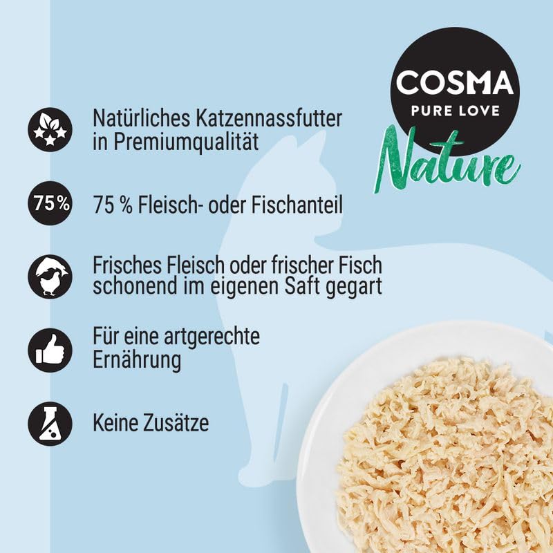 Cosma Nature 70 g | Katzenfutter nass | Nassfutter | mit 75% zartem Fleisch oder Fisch | schonend im eigenen Saft gegart | ganz ohne Zusatzstoffe (18x, Pazifikthunfisch)