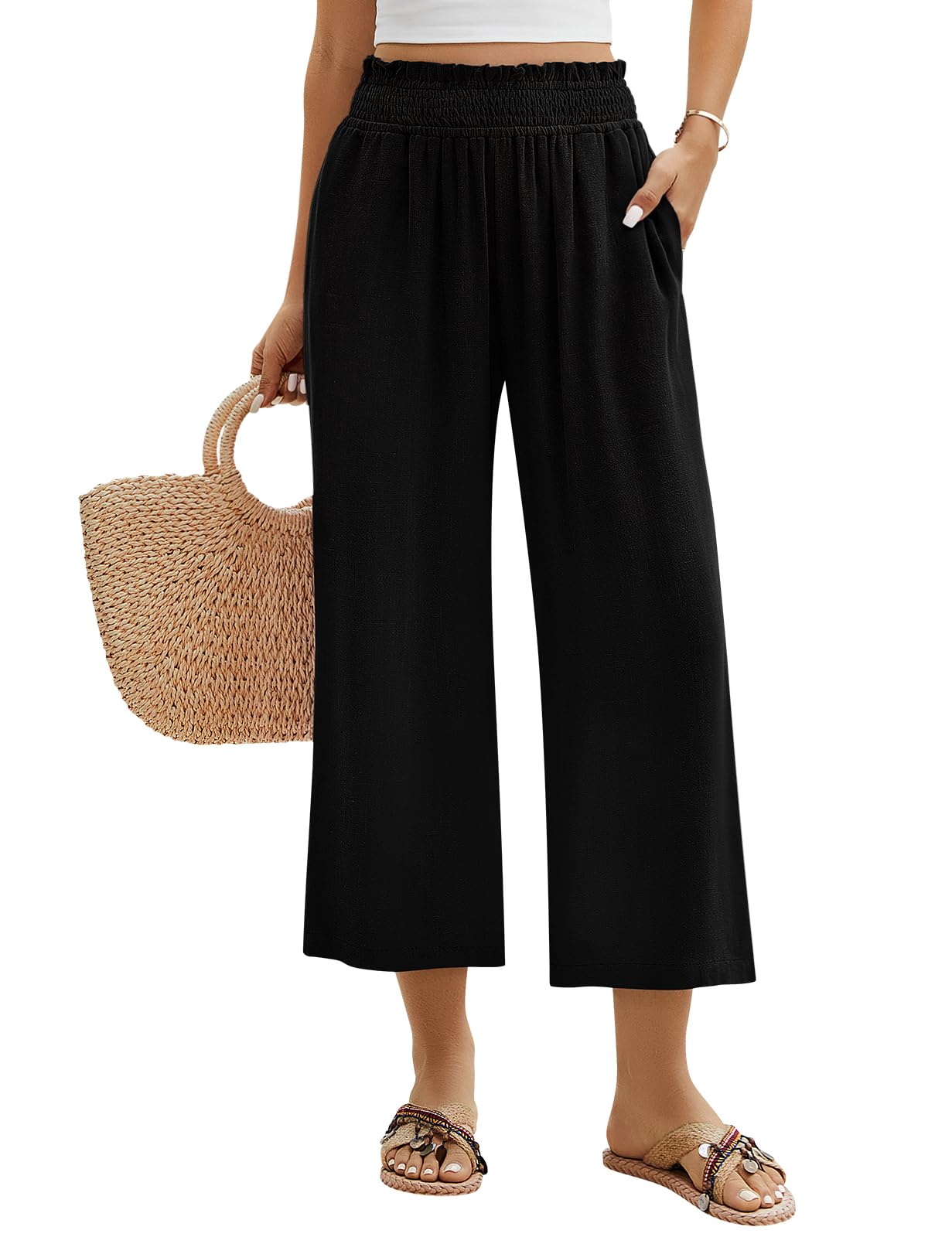 Pantalones Lino Mujer 3/4 Verano Anchos Algodón Alta Cintura Elásticos con Bolsillos