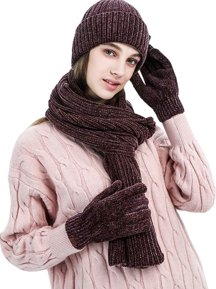 Accessoires Hiver Femme Ensemble Bonnet écharpe Gants Femme - Doublure Polaire - Écran Tactile - Lot 3 Pièces Bonnet écharpe Gants Assortis Femme Cadeau Noël