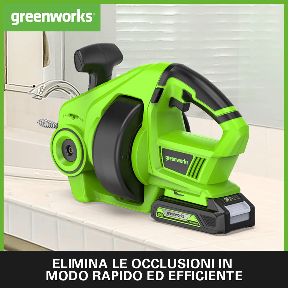 Greenworks G24DA Sturatubi a Batteria 550 giri/min., Stura Lavandini e Scarichi per Tubi da 2,5-5cm, Trivella in Acciaio Inox 7,5m, SENZA Batteria 24V e Caricabatterie, Garanzia 3 Anni