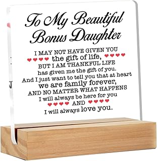 Bonus Daughter Gift - Gift for Bonus Daughter - Bonus Daughter Gift From Stepmom Stepdad - to My Beautiful Bonus Daughter Clear Desk Sign Decor Home Bedroom Desk Decor (4 x 4 Inches)