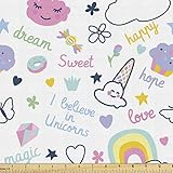 Ambesonne Cartoon Fabric by The Yard, Rainbow Clouds I Believe in Unicorns Love Hope Happy Cupcake Ice Cream Magic, Decorative Fabric for Upholstery and Home Accents, 1 Yard, Grey Pink