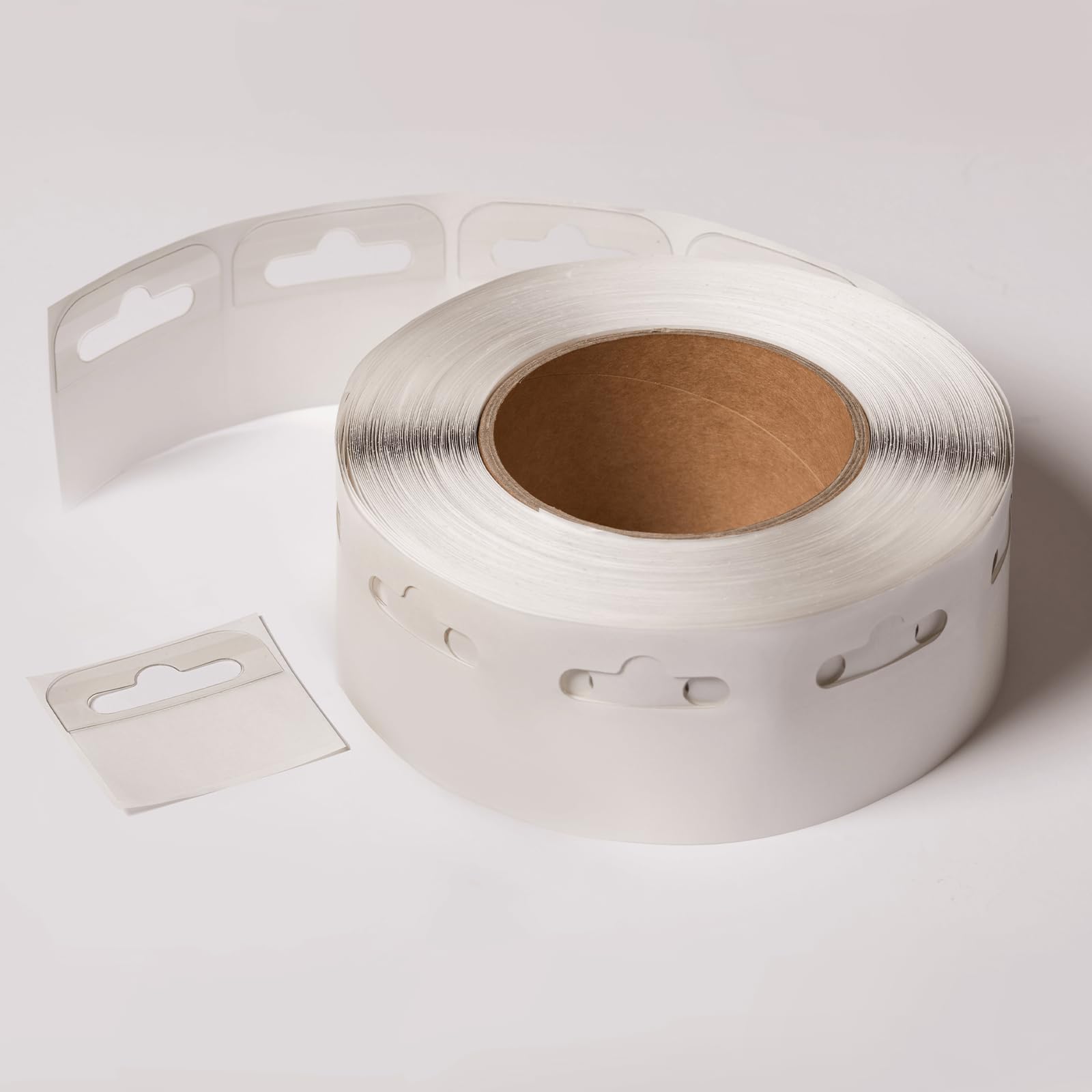 Flexi Tail Hang 500 Tab Reel, Self-Adhesive Display Hooks, 300 Micron Thickness, 50x50mm, Clear, 350g Weight Capacity, Euro Hook Compatible