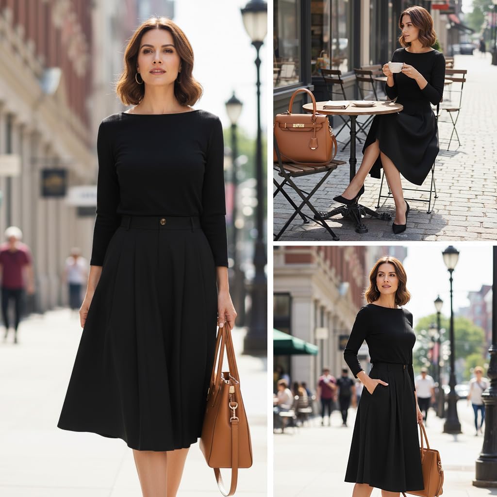 Belle Poque Women Vintage Pleated Skirt with Pockets A Line Midi High Elastic Waist Flared Skirt for Office Daily - Image 6