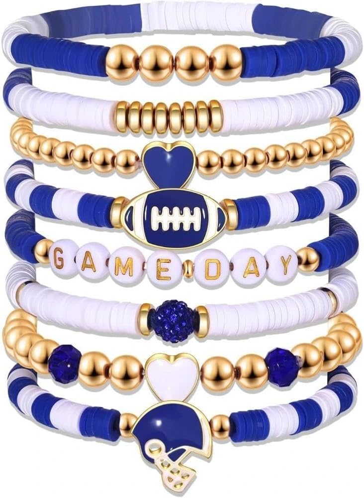 8 Pcs Football Bracelets,Stackable Beaded Stretch Sports Jewelry for Game Days Casual Special Occasions for Football Moms Dads Coaches Fans