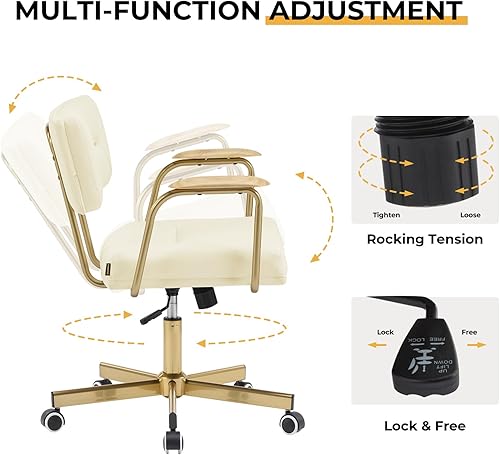 Miniatura 6 de Furniliving Sillas de oficina de cuero, cómoda silla de oficina, silla giratoria ajustable para computadora con patas doradas y reposabrazos