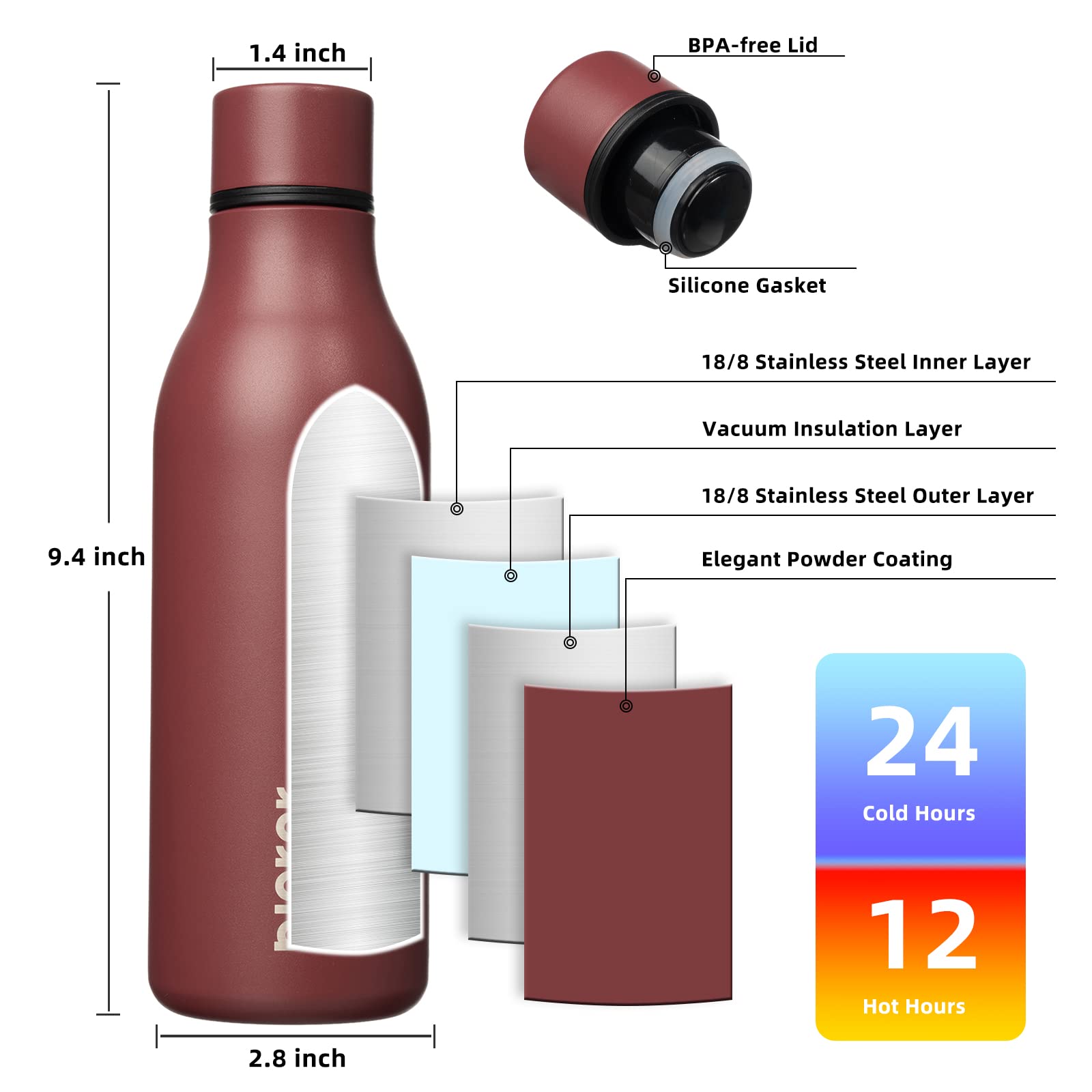 BJPKPK Botellas de agua aisladas, botella de agua de metal de acero inoxidable de 18 onzas con correa, sin BPA, a prueba de fugas, tazas, frascos, frascos térmicos reutilizables para deportes y viajes