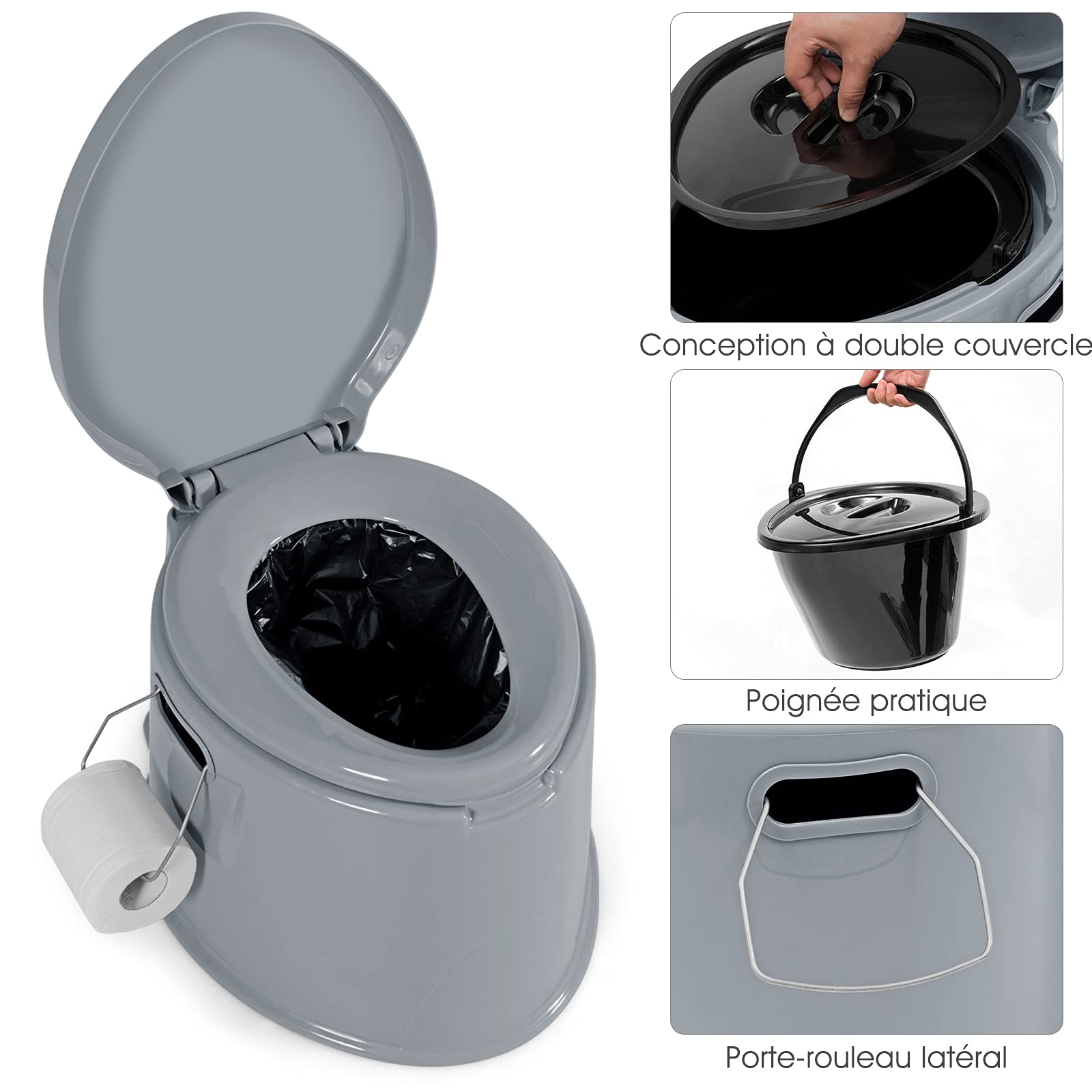 GOPLUS Toilette Portable 5L, Supporter 200KG, Toilette Sèche avec Couvercle, Seau Amovible avec Poignée, Anti-odeur, Nettoyage Pratique, Utilisation Familiale Disponible, pour Camping, Extérieur, Gris