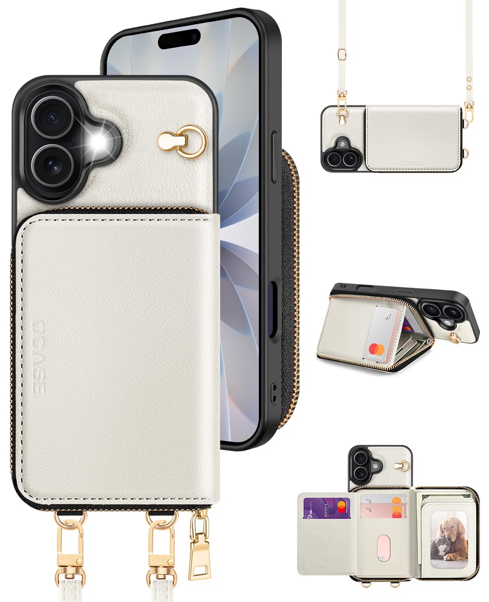 OCASE Custodia Portafoglio per iPhone 17, Custodia in Pelle con Cerniera, Porta Carte con Blocco RFID, con Tra Collo Regolabile Rimovibile, Protettiva Antiurto Cover per iPhone 17, Avorio