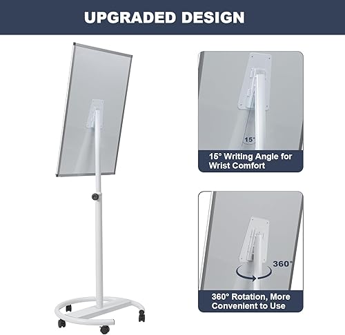 Miniatura 9 de Pizarra blanca móvil, 36 x 24 pulgadas, pizarra blanca portátil magnética sobre ruedas, altura ajustable de pie con soporte, pizarra blanca rodante